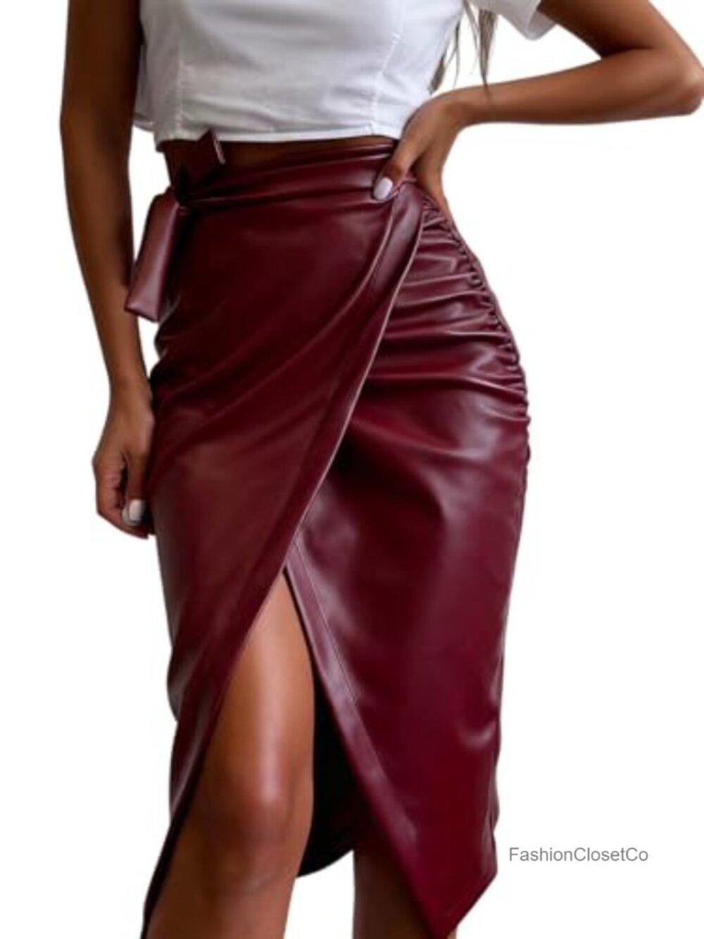 Faux Leather Wrap Long Skirt Bodycon High Waist Midi Skirt Tie Side Slim Fit